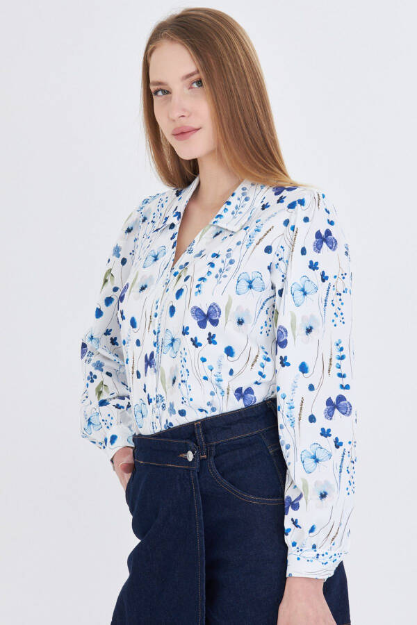 Women's Saxophone V-Neck Balloon Sleeve Patterned Shirt ARM-25Y - 3