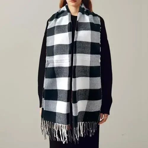 Women's Scarf Classic Tassel Plaid Super Soft Classic CasModazoneere Feel Fall Winter Scarves Tartan Warm Chunky Wrap Shawl - 3