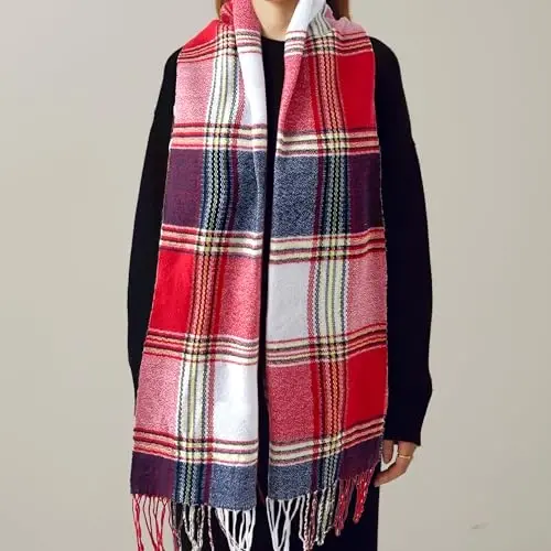 Women's Scarf Classic Tassel Plaid Super Soft Classic CasModazoneere Feel Fall Winter Scarves Tartan Warm Chunky Wrap Shawl - 4