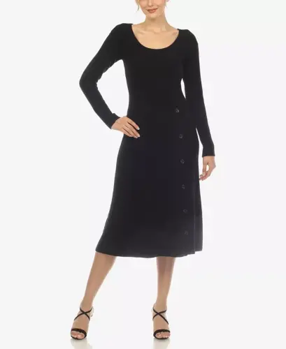 Women's Scoop Neck Fit and Flare Sweater Dress-Black - 1