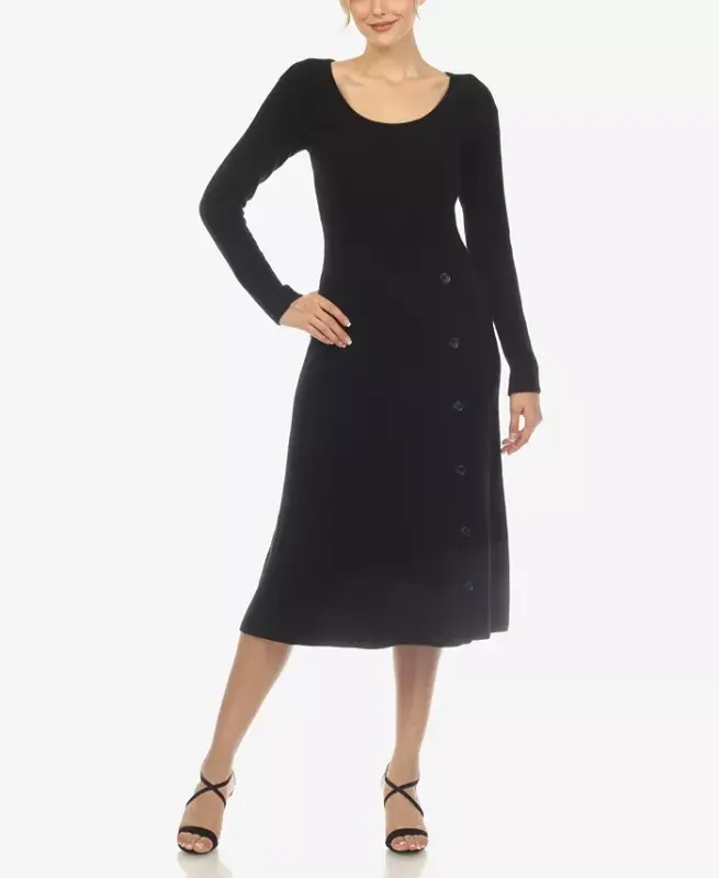Women's Scoop Neck Fit and Flare Sweater Dress-Black - 1