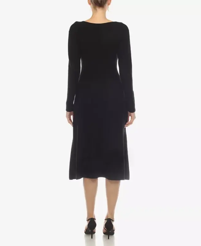 Women's Scoop Neck Fit and Flare Sweater Dress-Black - 2