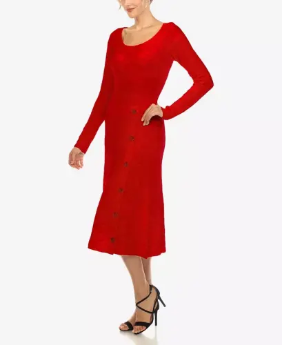 Women's Scoop Neck Fit and Flare Sweater Dress-Red - 3