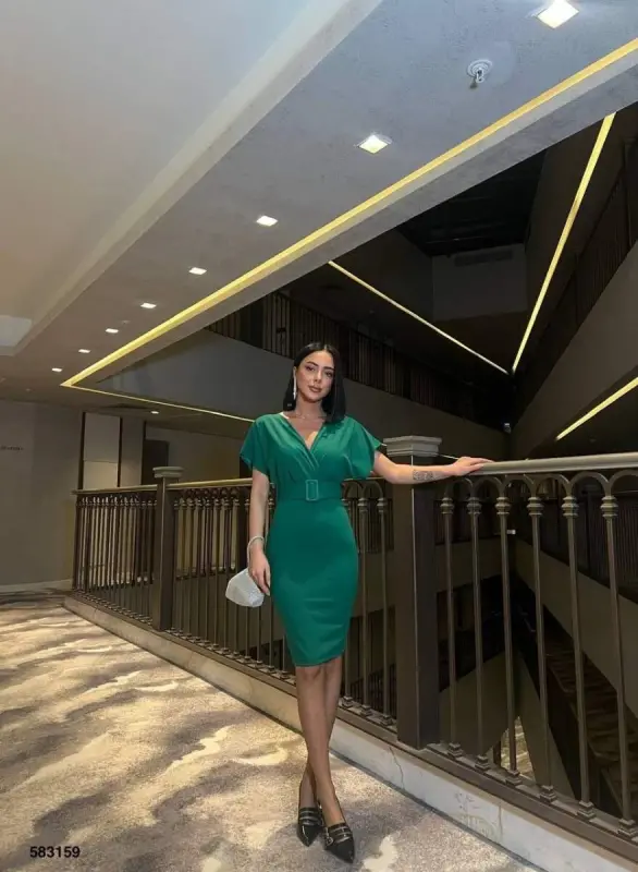 Women's Scuba Crepe V-Neck and Back Detailed Dress - BÜYÜKBEDENIZ