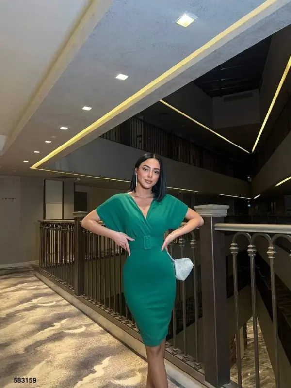 Women's Scuba Crepe V-Neck and Back Detailed Dress - 2