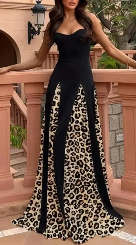 Women's Scuba Fabric Leopard Print Flared Dress - BÜYÜKBEDENIZ