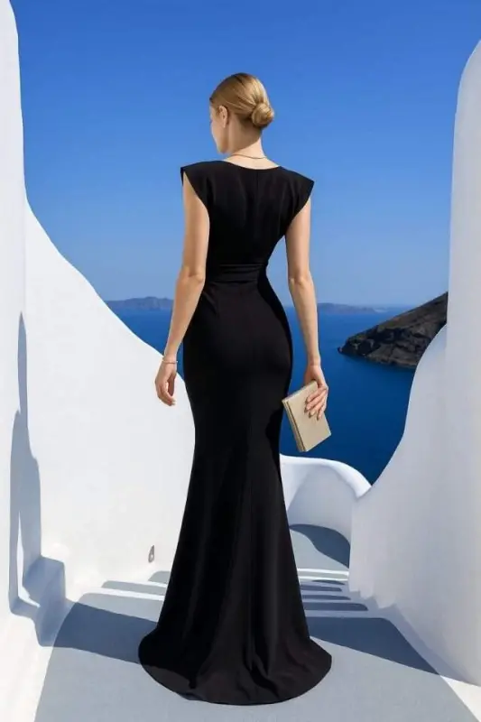 Women's Scuba Fabric V-Neck Ruffle Detail Maxi Dress - 2