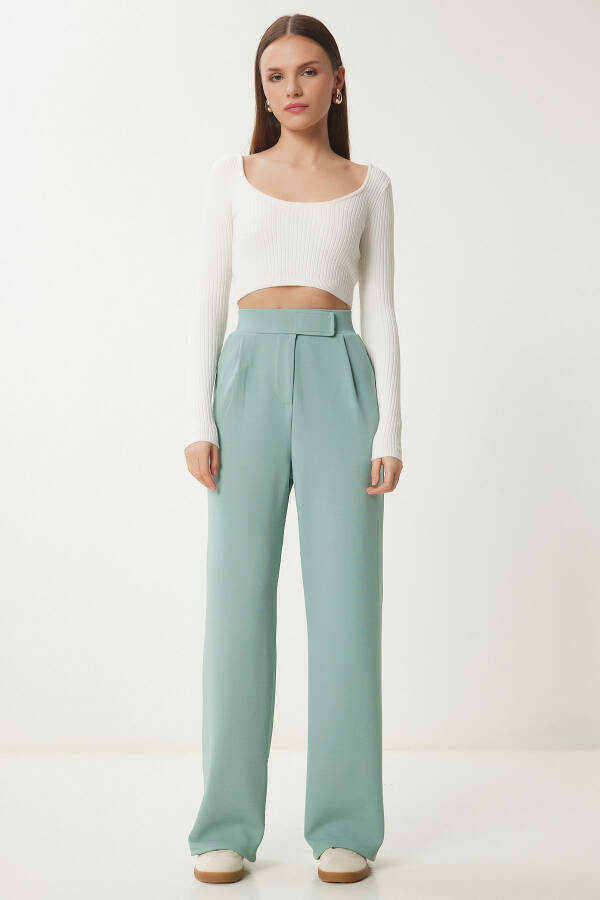 Women's Sea Green Belted Relaxed Woven Trousers RV00150 - 1