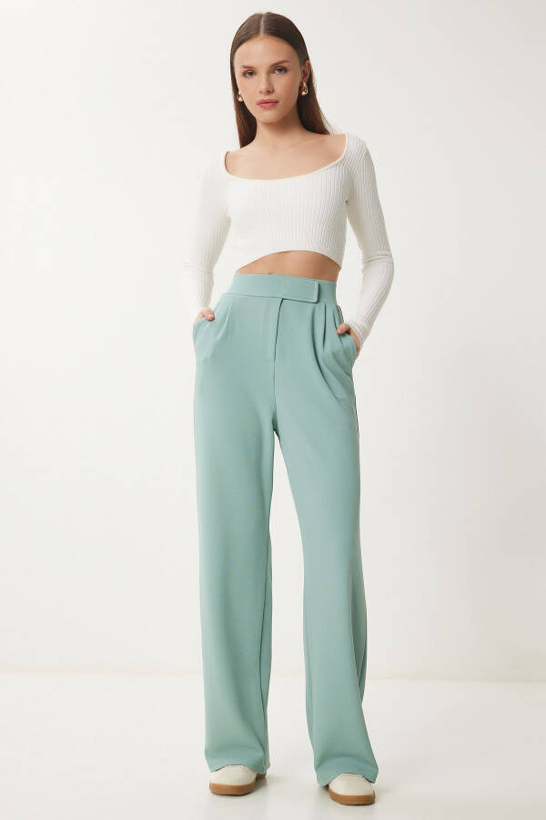 Women's Sea Green Belted Relaxed Woven Trousers RV00150 - 2