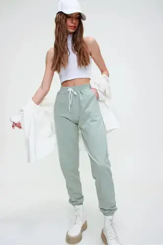 Women's Sea Green Elastic Waist And Hem Basic Sweatpants ALC-X5902-SEA GREEN - 4
