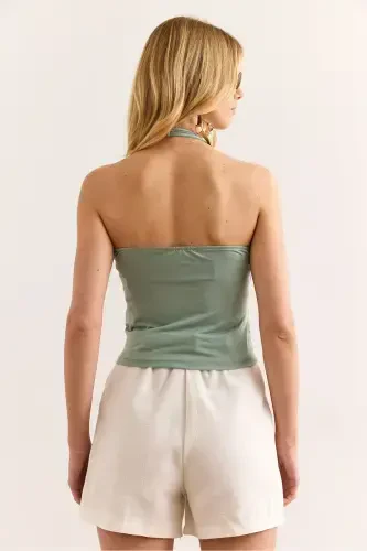 Women's Sea Green Halter Neck Crop Sandy Blu - OLALOOK (1)