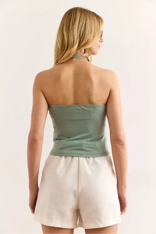 Women's Sea Green Halter Neck Crop Sandy Blu - 2