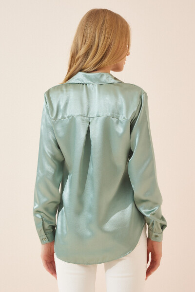 Women's Sea Green Lightly Draped Satin Surface Shirt - 2