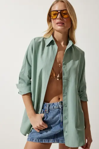 Women's Sea Green Oversize Long Basic Shirt DD00842-Sea Green 