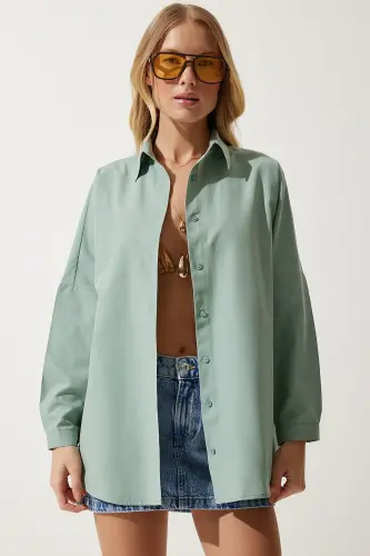 Women's Sea Green Oversize Long Basic Shirt DD00842-Sea Green - 4