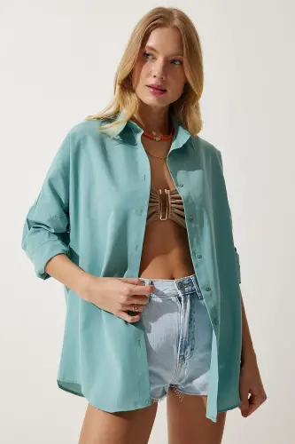 Women's Sea Green Oversize Long Basic Shirt DD00842-Sea Green - 5