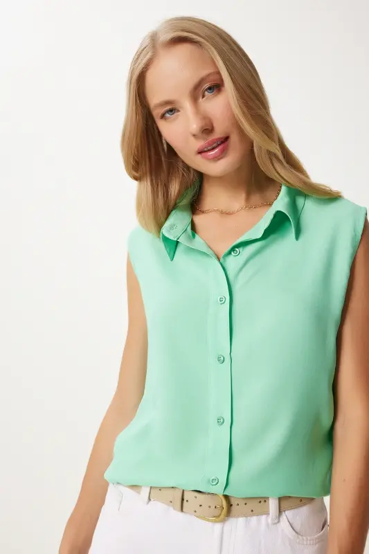 Women's Sea Green Sleeveless Viscose Shirt TO00129-Sea Green - 1