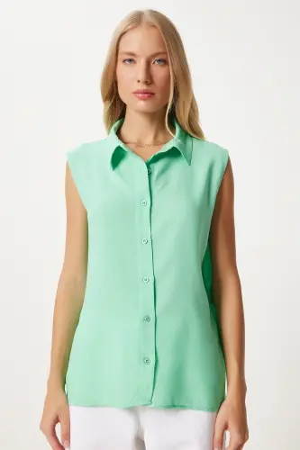 Women's Sea Green Sleeveless Viscose Shirt TO00129-Sea Green - 4