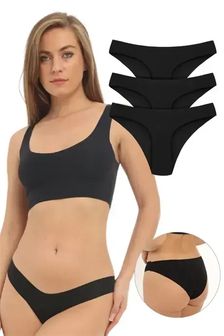 Women's Seamless Laser Cut Invisible Panties 3-Pack in Black - BÜYÜKBEDENIZ