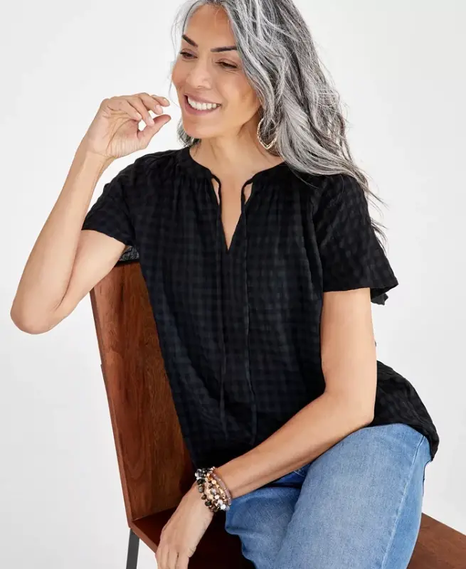 Women's Seersucker Split-Neck Flutter Sleeve Top, Created for Modazone - 2