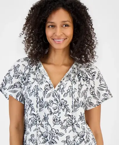 Women's Seersucker Split-Neck Flutter Sleeve Top, Created for Modazone - Bloom Bright White - 2