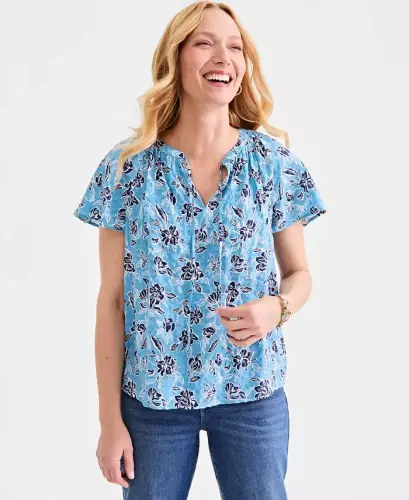 Women's Seersucker Split-Neck Flutter Sleeve Top, Created for Modazone - Bloom Cool River - 3