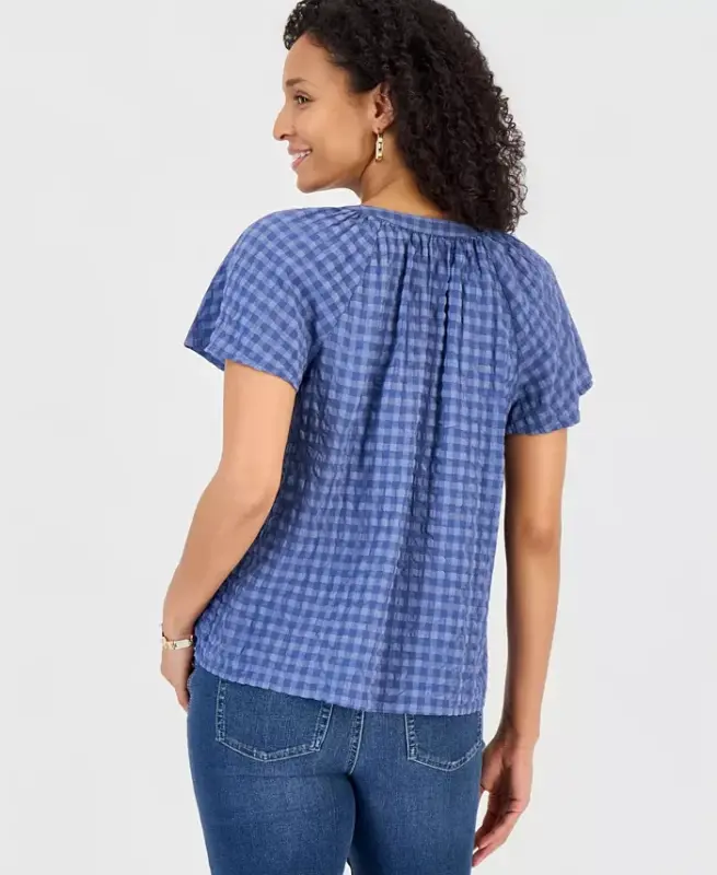 Women's Seersucker Split-Neck Flutter Sleeve Top, Created for Modazone - New Uniform Blue - 2