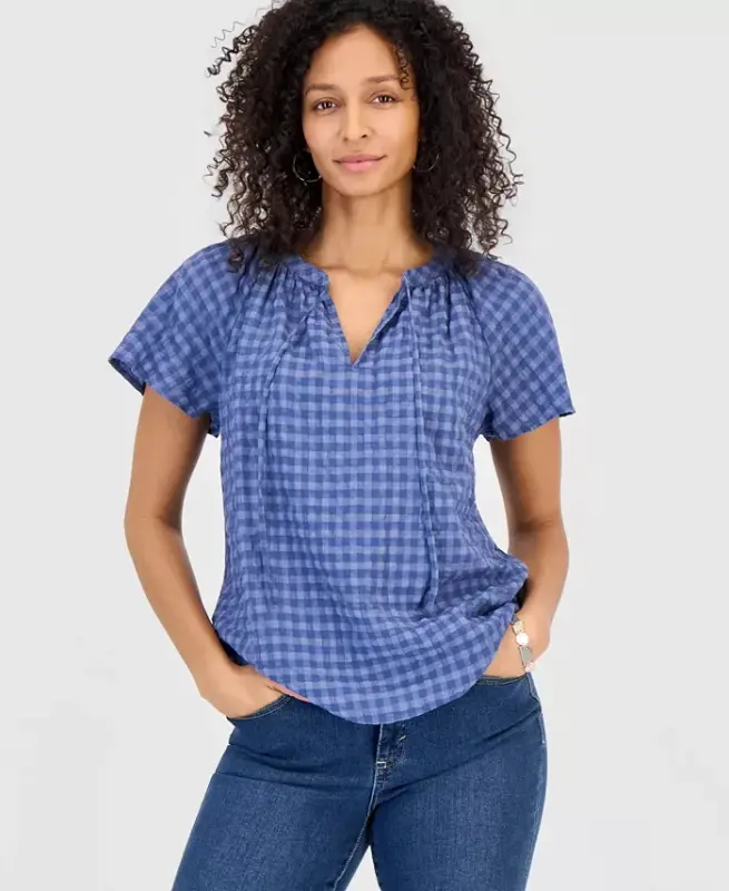 Women's Seersucker Split-Neck Flutter Sleeve Top, Created for Modazone - New Uniform Blue - STYLE & CO