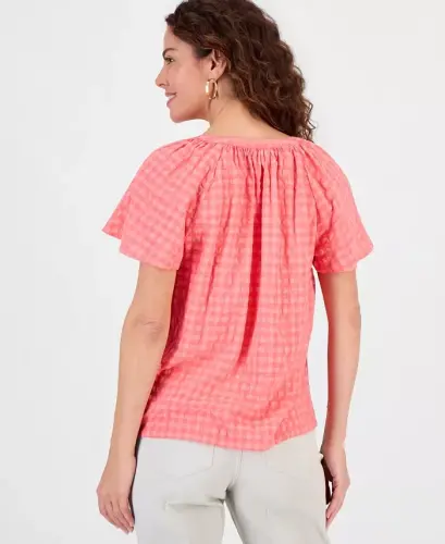 Women's Seersucker Split-Neck Flutter Sleeve Top, Created for Modazone - Tuscon Coral - STYLE & CO (1)