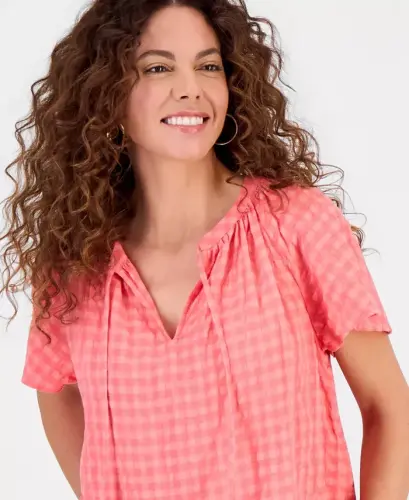 Women's Seersucker Split-Neck Flutter Sleeve Top, Created for Modazone - Tuscon Coral - 3