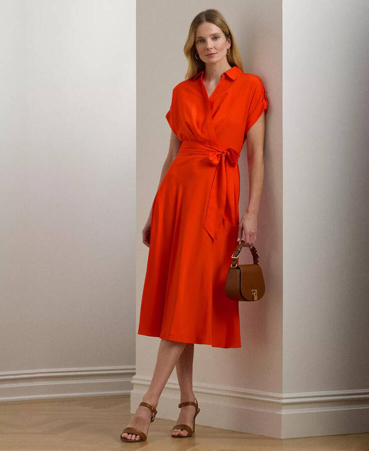 Women's Self-Belt Roll-Tab Sleeve Surplice Crepe Dress Orange Lily - 1