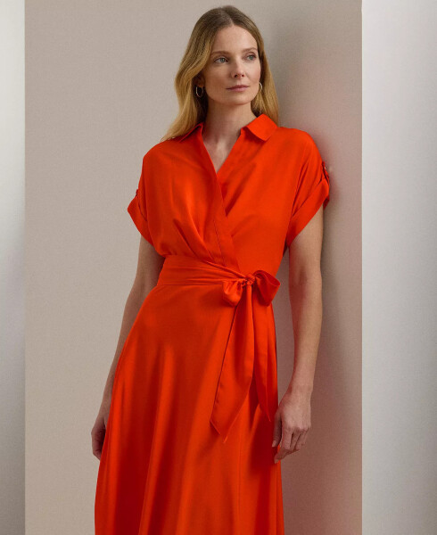 Women's Self-Belt Roll-Tab Sleeve Surplice Crepe Dress Orange Lily - 2