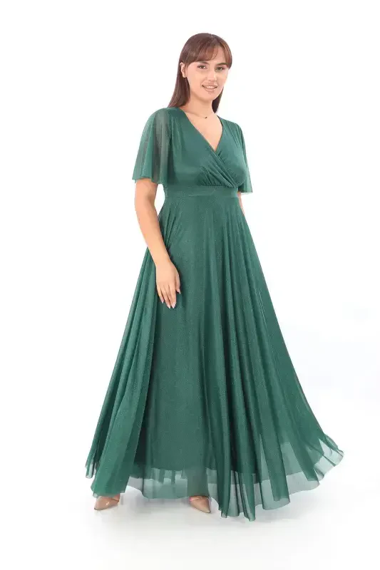 Women's Self-embossed Sequin Mesh Stretch Emerald Green Evening Dress KL3051 - 1
