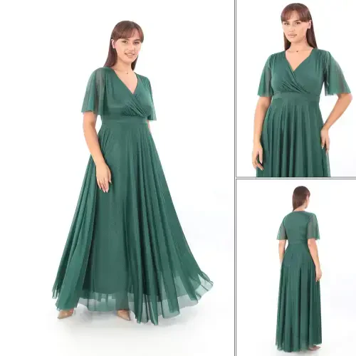Women's Self-embossed Sequin Mesh Stretch Emerald Green Evening Dress KL3051 - 4