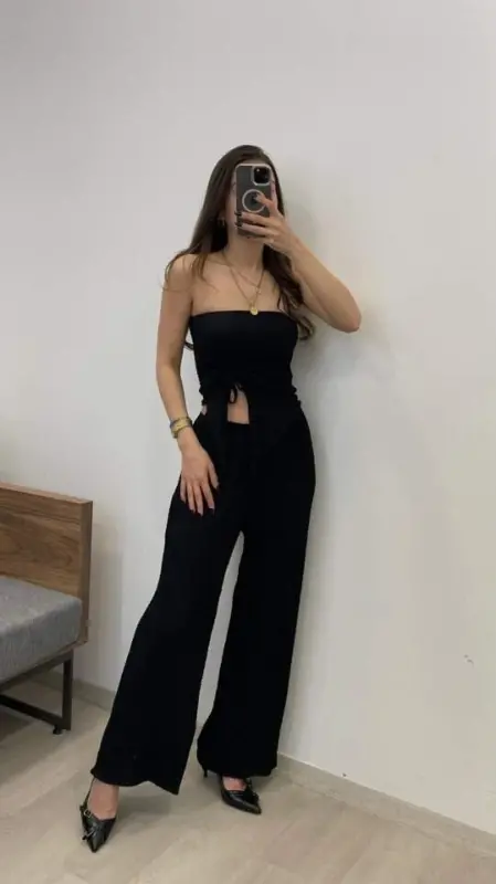 Women's Sendy Fabric Lace-Up Detail Asymmetric Set - 1