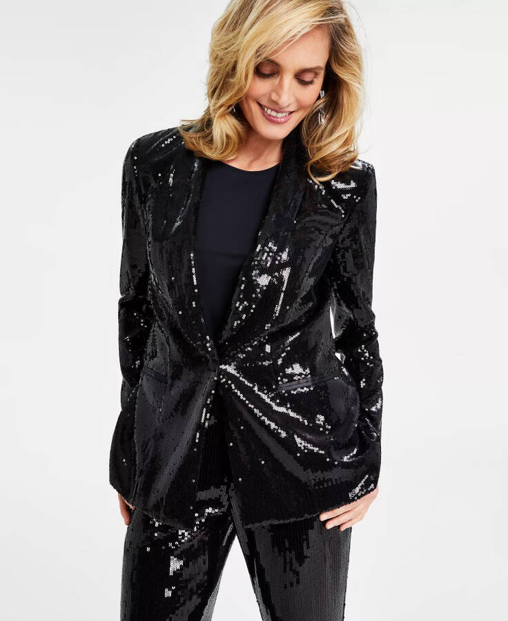 Women's Sequin Blazer, Regular & Petite, Created for Modazone Deep Black - 1