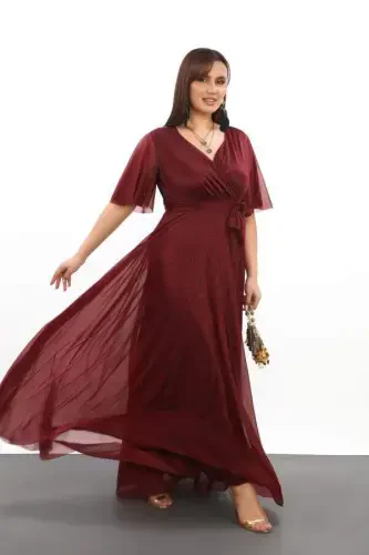 Women's Sequin Tulle Stretch Cross V-neck Ruffle Sleeve Long Elegant BURGUNDY Dress KL3051 - 2