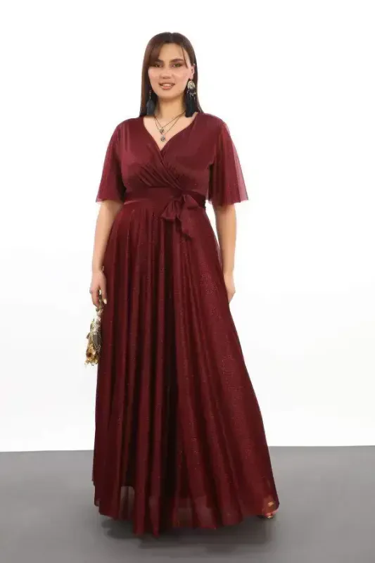 Women's Sequin Tulle Stretch Cross V-neck Ruffle Sleeve Long Elegant BURGUNDY Dress KL3051 - 3