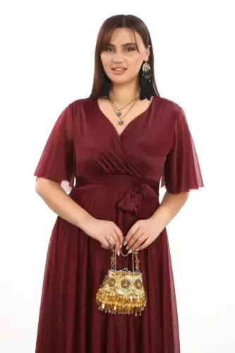 Women's Sequin Tulle Stretch Cross V-neck Ruffle Sleeve Long Elegant BURGUNDY Dress KL3051 - 4