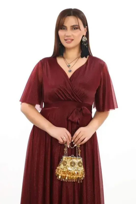Women's Sequin Tulle Stretch Cross V-neck Ruffle Sleeve Long Elegant BURGUNDY Dress KL3051 - 4