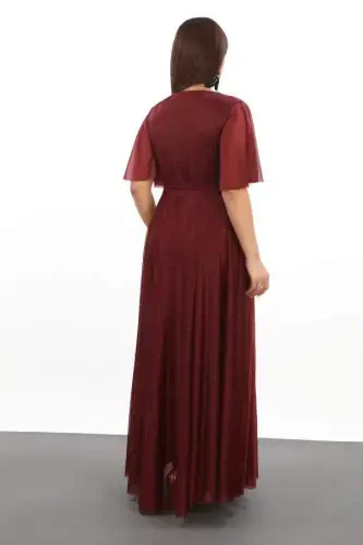 Women's Sequin Tulle Stretch Cross V-neck Ruffle Sleeve Long Elegant BURGUNDY Dress KL3051 - 6
