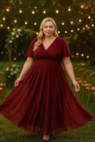 Women's Sequin Tulle Stretch Cross V-neck Ruffle Sleeve Long Elegant BURGUNDY Dress KL3051 - 7