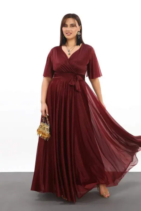 Women's Sequin Tulle Stretch Cross V-neck Ruffle Sleeve Long Elegant BURGUNDY Dress KL3051 - 1
