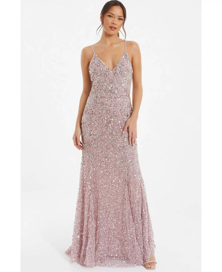 Women's Sequin V-Neck Strappy Evening Dress Pink - 4