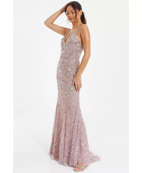 Women's Sequin V-Neck Strappy Evening Dress Pink - 6