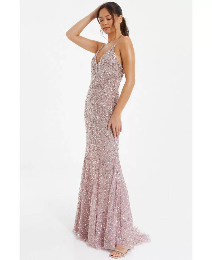 Women's Sequin V-Neck Strappy Evening Dress Pink - 6