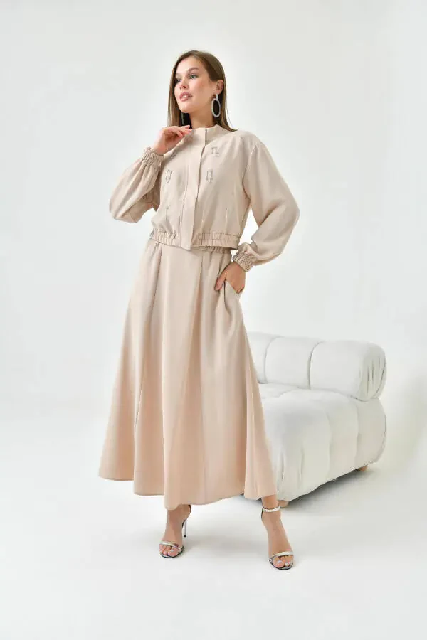 Women's Sequined Crepe Skirt Suit Beige 30839 - 26