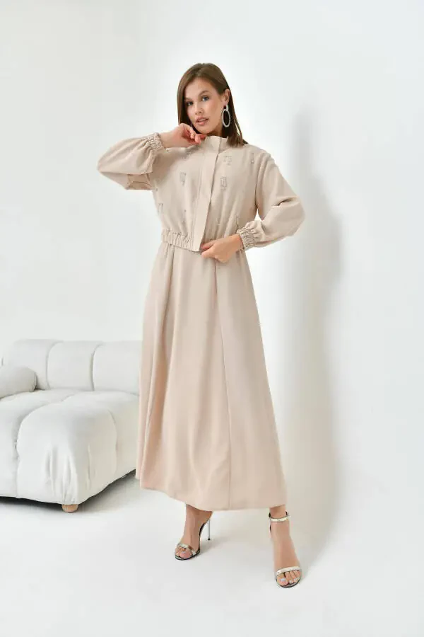 Women's Sequined Crepe Skirt Suit Beige 30839 - 9