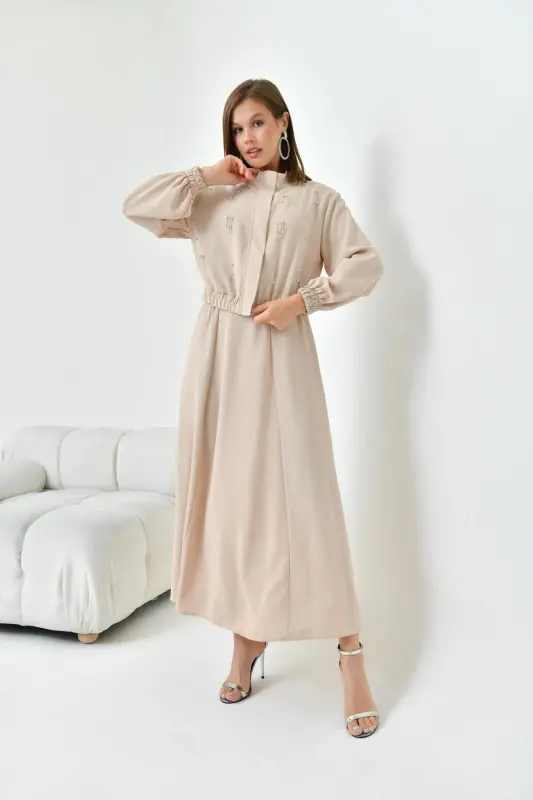 Women's Sequined Crepe Skirt Suit Beige 30839 - FTZ WOMEN