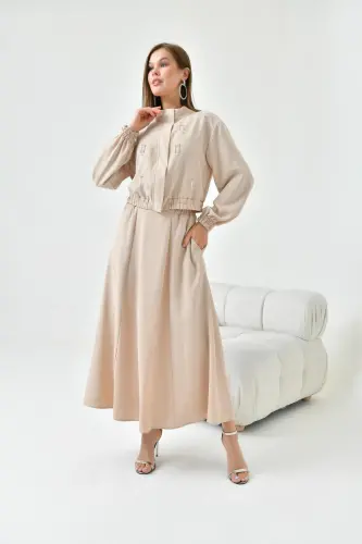 Women's Sequined Crepe Skirt Suit Beige 30839 - 5